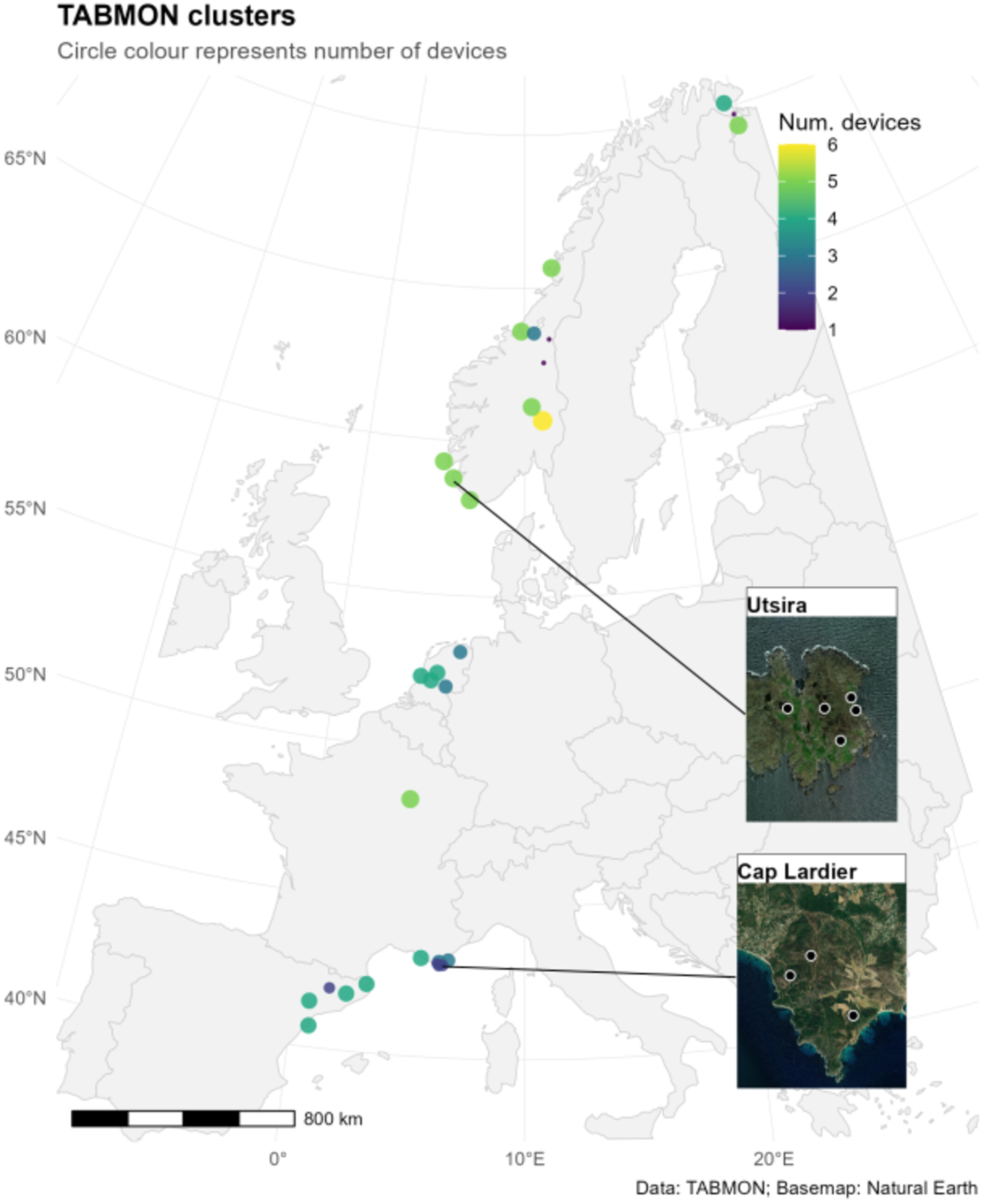 TABMON monitoring clusters across Europe β map showing device locations from Norway to Spain